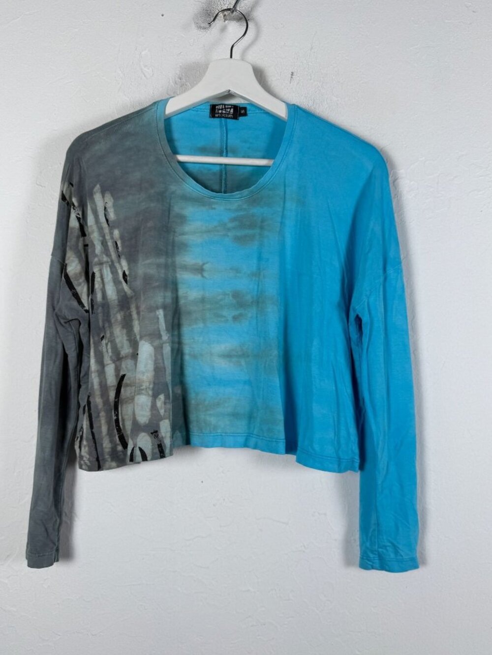 Art Of Cloth Womens Blue Tie Dye Bleach Splatter Cropped Long Sleeve Top Small